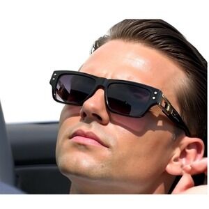 Men's Square Sunglasses Black Frame Gold Accent Fashion Shades Sophisticated New